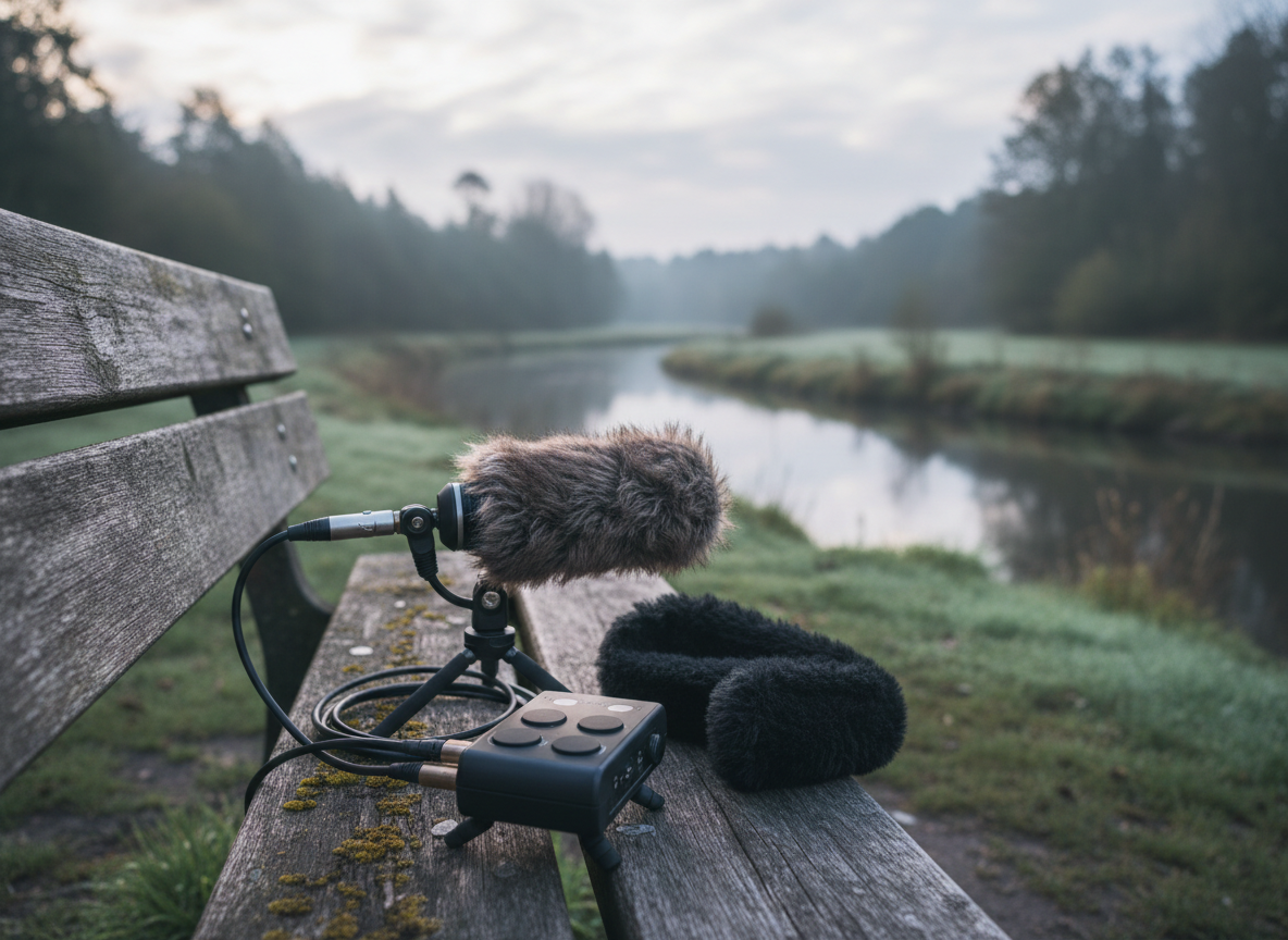 A compact field recording setup arranged on a weathered wooden bench: a high-quality shotgun microphone in a blimp, a small audio recorder with unlit, featureless dials, and a neatly folded windscreen. Beyond the bench, a gently flowing river and out-of-focus trees suggest a tranquil natural location without any people present. Early morning overcast light creates soft, even illumination with subtle reflections on metal and rubber surfaces. Photographic realism with an elegant, documentary feel, shot from a low, side angle along the bench to emphasize depth. The mood is calm yet anticipatory, evoking the quiet preparation before capturing authentic ambient sound for film.