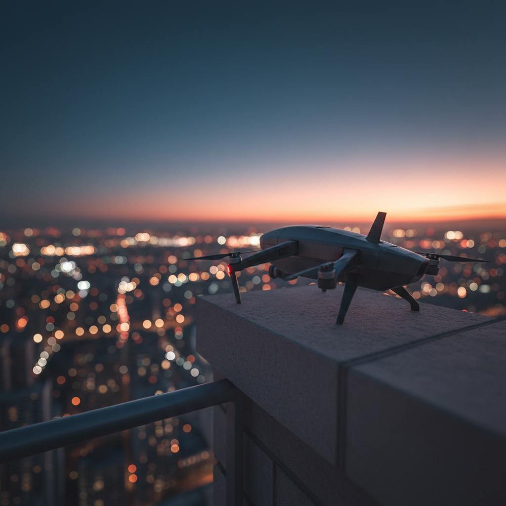 A sleek, matte-black drone with folding arms partially extended, resting on a smooth stone ledge at the edge of a rooftop. Below, an out-of-focus cityscape of varied building shapes glows with subtle evening lights, rendered as soft bokeh shapes to avoid recognisable details. The sky is in blue hour, with a thin band of warm residual sunlight at the horizon. Photographic realism with a sophisticated, cinematic feel, shot from a very low angle close to the drone, making it large in the frame while the city recedes. The lighting creates delicate highlights on the drone’s contours, suggesting precise aerial cinematography that captures living, breathing urban scenes.