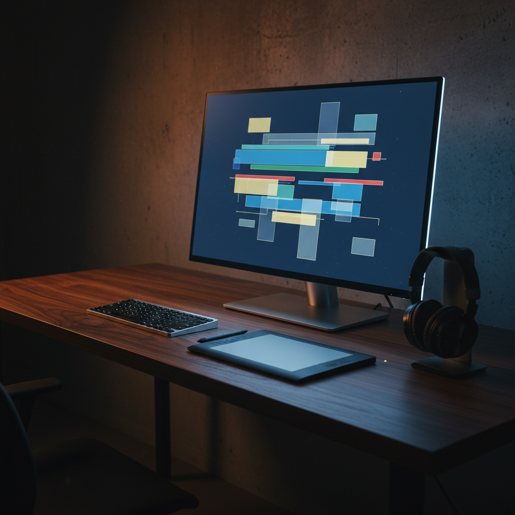 A large, frameless 4K monitor on a dark walnut desk, displaying an abstract timeline of colored bars and shapes that hint at film editing without using text or recognisable software UI. Next to it, a slim mechanical keyboard, a pen tablet, and precision headphones rest in balanced order. The room is dim, illuminated mainly by the monitor’s cool glow and a subtle warm backlight washing the textured wall. Photographic realism with a clean, modern composition shot from a three-quarter angle, creating depth along the desk. The mood is focused and quietly intense, suggesting late-night editing sessions and meticulous crafting of moving images.