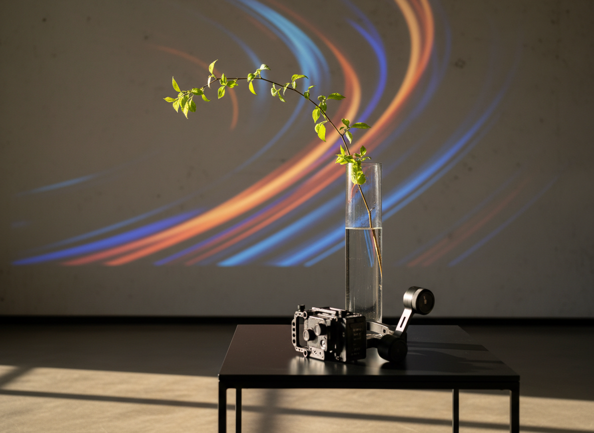 A slender glass vase filled with clear water, holding a single freshly cut branch with delicate green leaves, placed on a low, matte-black side table. In front of it, a small cinema camera gimbal rests, and behind, an abstract projection of blurred, colorful light streaks suggests moving images without showing screens or people. Late afternoon golden light spills through an unseen window, tracing highlights along the glass and metal, while soft shadows stretch across a smooth concrete floor. Photographic realism with a minimalist, sophisticated mood, captured at a slightly low angle with shallow depth of field, symbolizing the beauty of preserving fleeting, living moments through refined cinematography.