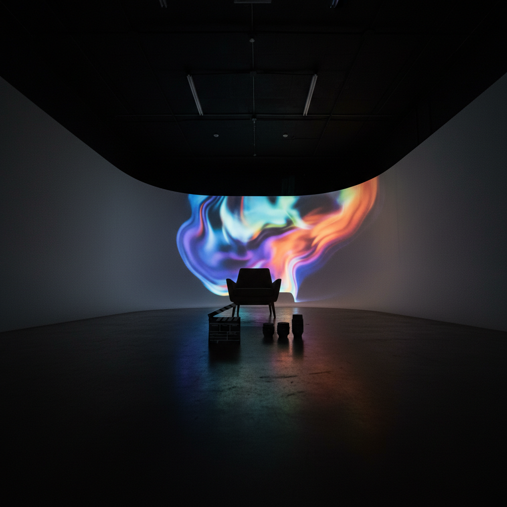 An ultra-wide interior shot of a minimalist, darkened studio where a projection of abstract moving light patterns washes over a plain backdrop, floor, and a carefully placed vintage armchair silhouette with no visible occupant. On the floor, a clapperboard with blank slates and a set of neutral prime lenses are artfully arranged, catching stray reflections from the projection. The only illumination comes from the projected image, casting dynamic, cinematic shadows and gradients across the space. Photographic realism with a sophisticated, art-film aesthetic, captured from a low, wide-angle perspective to emphasize space and atmosphere, conveying experimental, original cinematographic work that preserves the feeling of life without showing people.