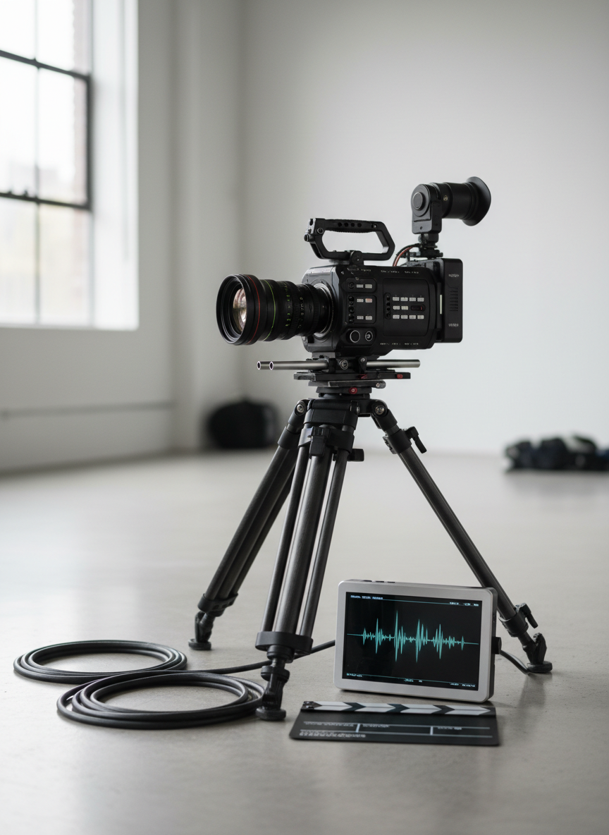 A high-end digital cinema camera with a matte black body, intricate buttons, and a compact prime lens, mounted on a sturdy carbon-fiber tripod in a minimalist studio. Around it lie neatly coiled XLR cables, a sleek slate without markings, and a small LED monitor displaying an abstract waveform instead of footage. Soft, diffused daylight enters from a large side window, creating gentle reflections on the camera’s metal edges and a clean gradient of shadows on the floor. Photographic realism with a sophisticated, cinematic aesthetic, shot at eye level with a shallow depth of field so the camera is tack sharp while the background softly blurs, evoking focus, professionalism, and the promise of capturing living moments.