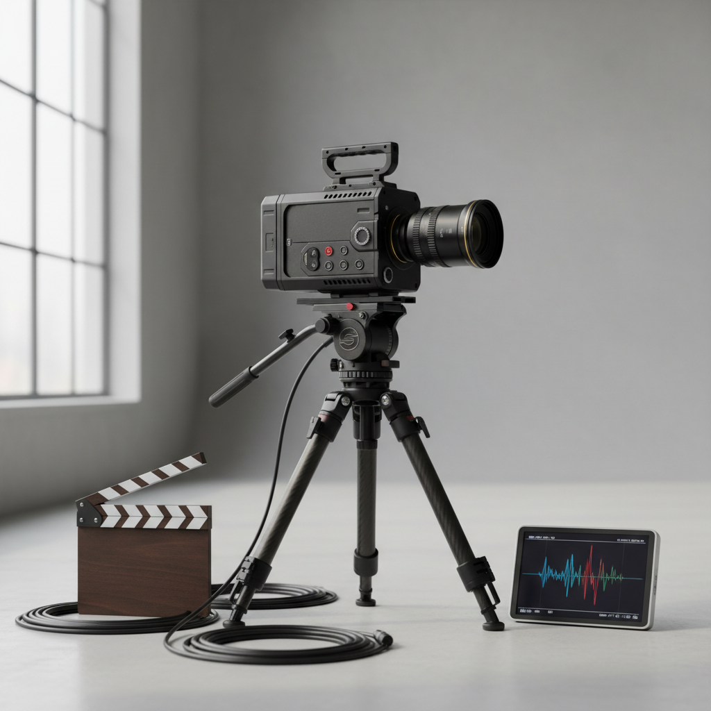 A high-end digital cinema camera with a matte black body, intricate buttons, and a compact prime lens, mounted on a sturdy carbon-fiber tripod in a minimalist studio. Around it lie neatly coiled XLR cables, a sleek slate without markings, and a small LED monitor displaying an abstract waveform instead of footage. Soft, diffused daylight enters from a large side window, creating gentle reflections on the camera’s metal edges and a clean gradient of shadows on the floor. Photographic realism with a sophisticated, cinematic aesthetic, shot at eye level with a shallow depth of field so the camera is tack sharp while the background softly blurs, evoking focus, professionalism, and the promise of capturing living moments.