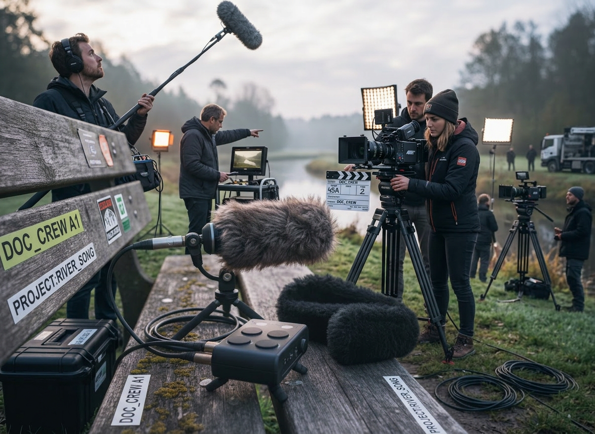 A compact field recording setup arranged on a weathered wooden bench: a high-quality shotgun microphone in a blimp, a small audio recorder with unlit, featureless dials, and a neatly folded windscreen. Beyond the bench, a gently flowing river and out-of-focus trees suggest a tranquil natural location without any people present. Early morning overcast light creates soft, even illumination with subtle reflections on metal and rubber surfaces. Photographic realism with an elegant, documentary feel, shot from a low, side angle along the bench to emphasize depth. The mood is calm yet anticipatory, evoking the quiet preparation before capturing authentic ambient sound for film.