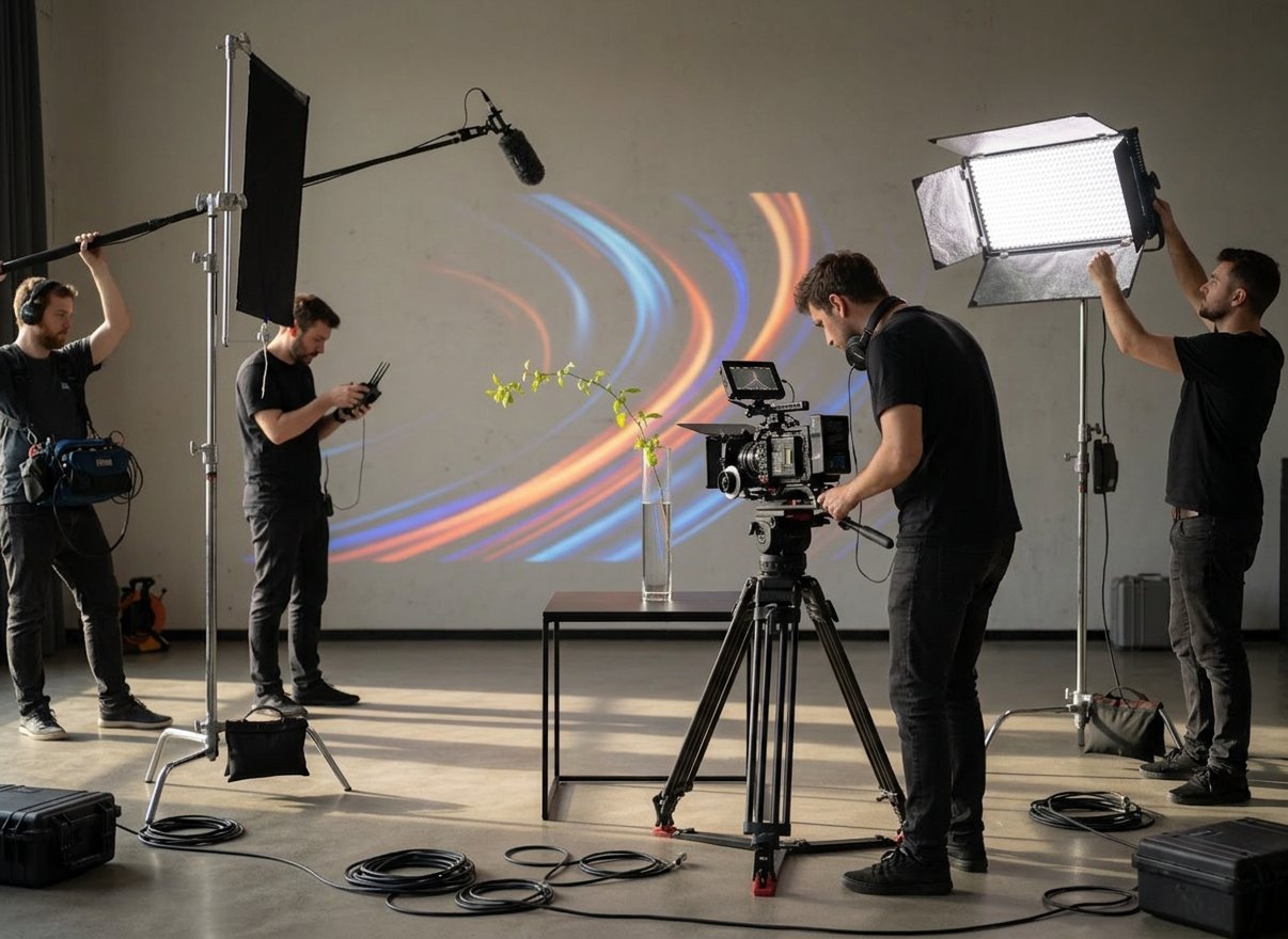 A slender glass vase filled with clear water, holding a single freshly cut branch with delicate green leaves, placed on a low, matte-black side table. In front of it, a small cinema camera gimbal rests, and behind, an abstract projection of blurred, colorful light streaks suggests moving images without showing screens or people. Late afternoon golden light spills through an unseen window, tracing highlights along the glass and metal, while soft shadows stretch across a smooth concrete floor. Photographic realism with a minimalist, sophisticated mood, captured at a slightly low angle with shallow depth of field, symbolizing the beauty of preserving fleeting, living moments through refined cinematography.